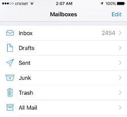 Screenshot of iPhone mailboxes screen